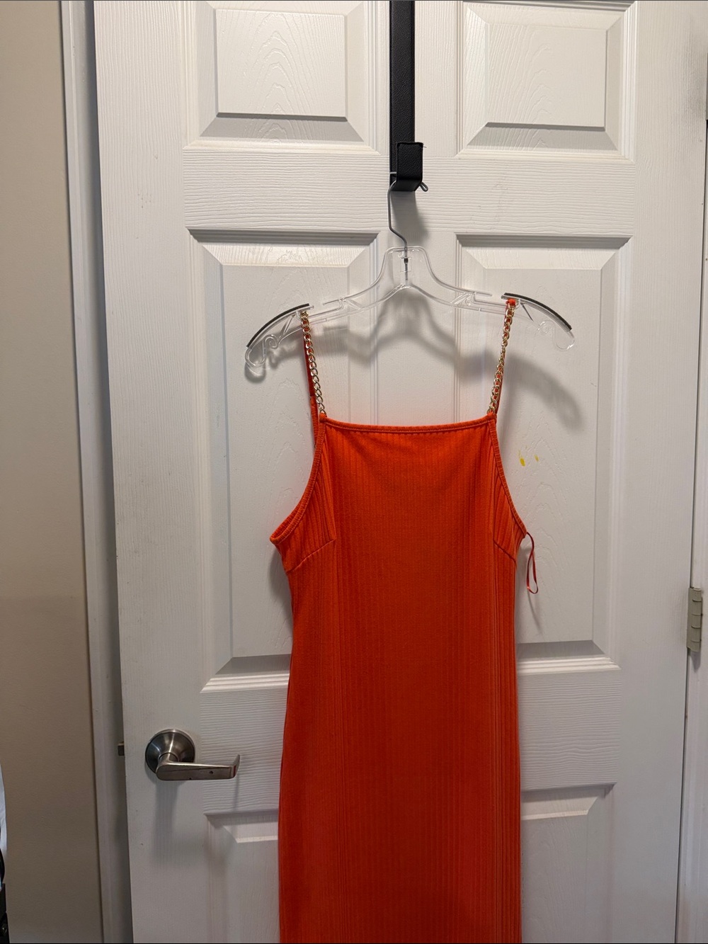 Say What? Bright Orange Ribbed Maxi Dress with Gold Chain Straps